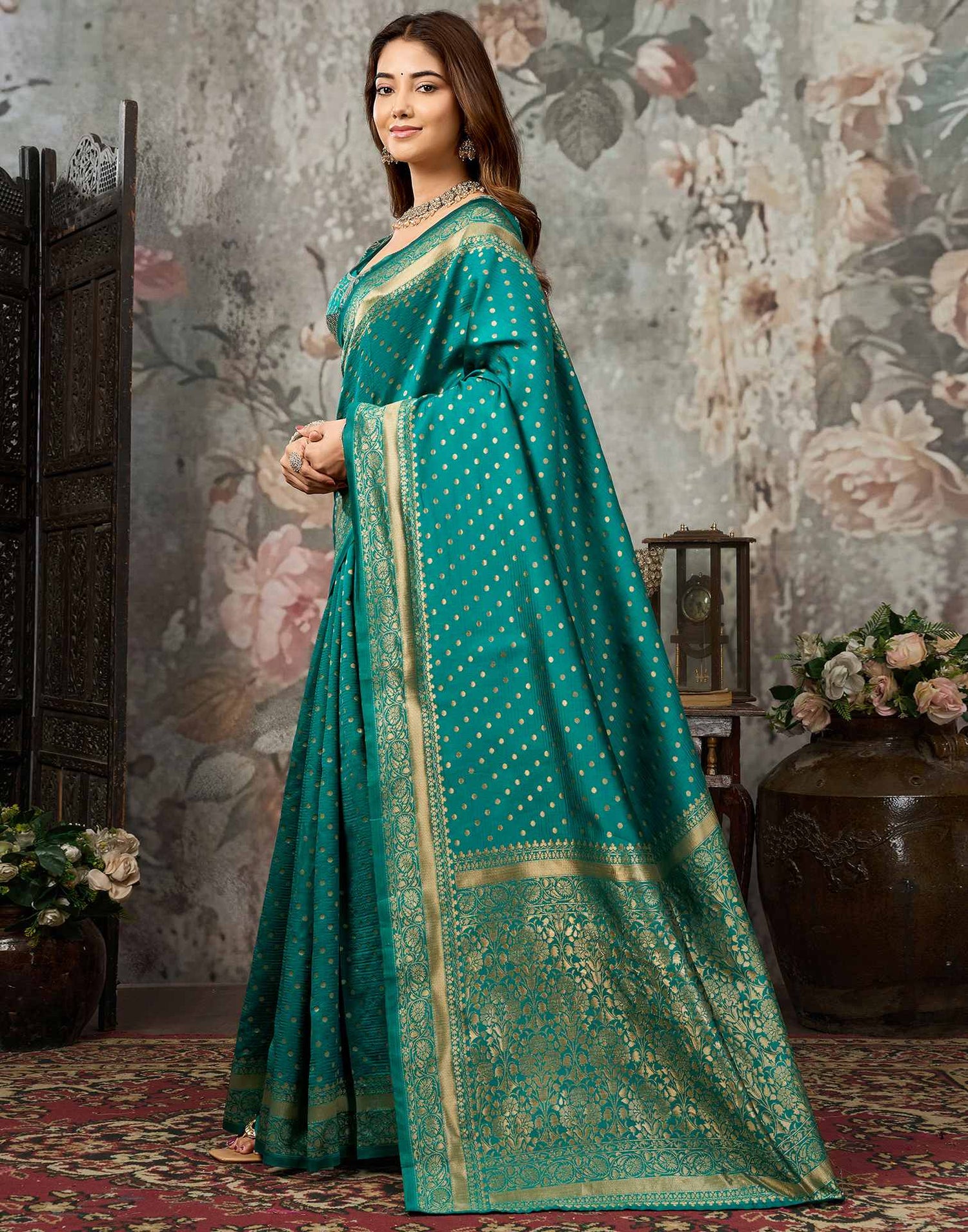 Teal Green Silk Woven Banarasi Saree