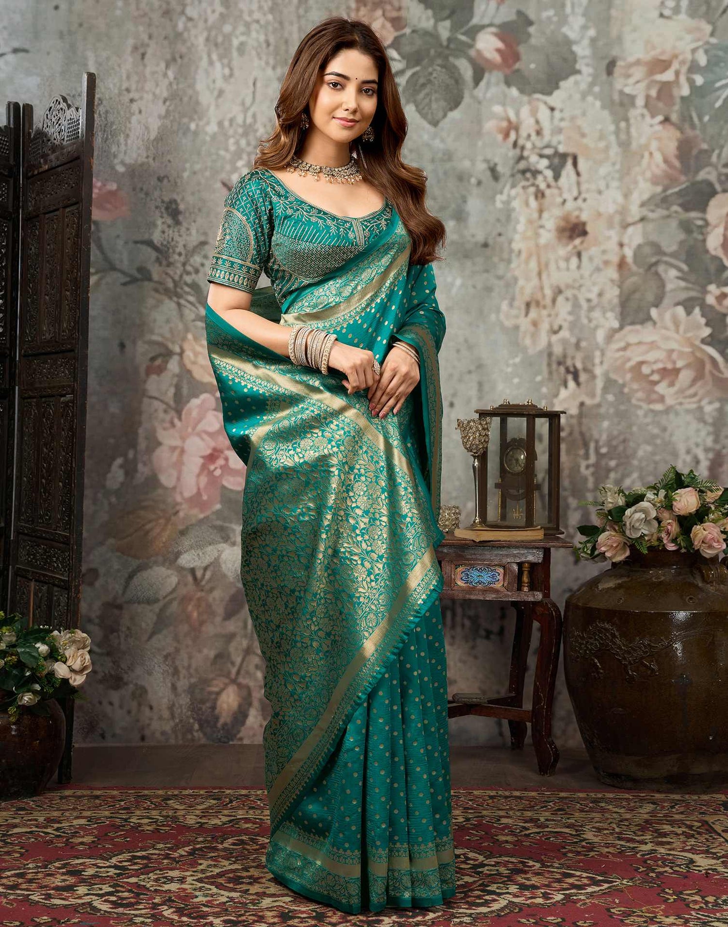 Teal Green Silk Woven Banarasi Saree
