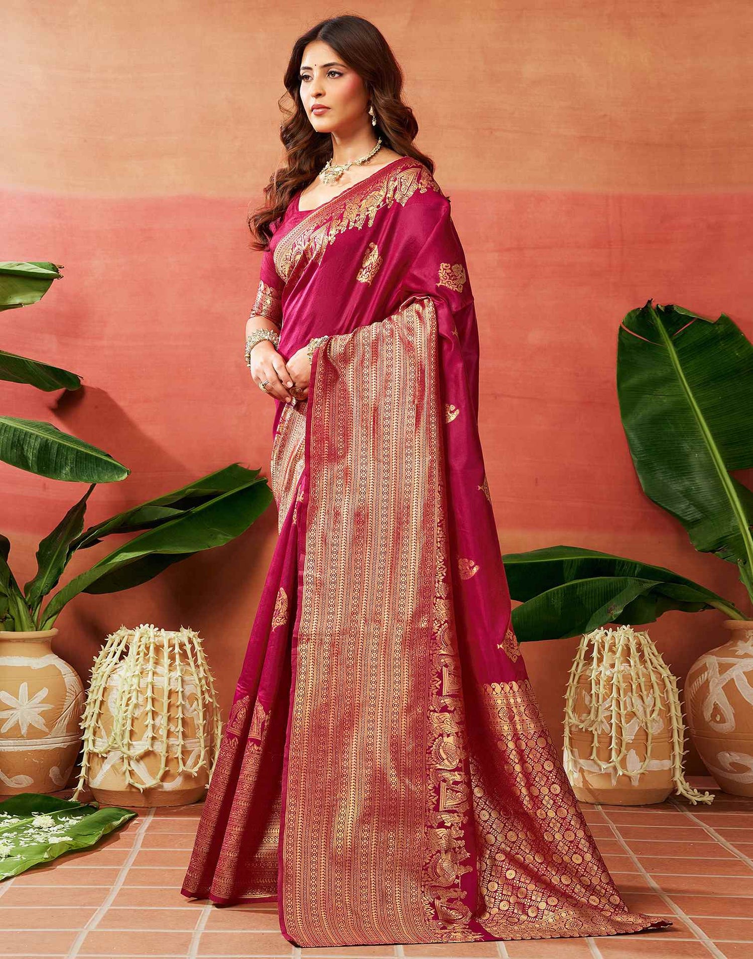 Dark Pink Silk Woven Banarasi Saree