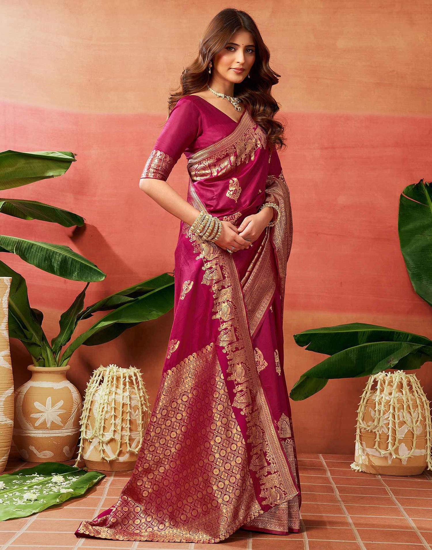 Dark Pink Silk Woven Banarasi Saree