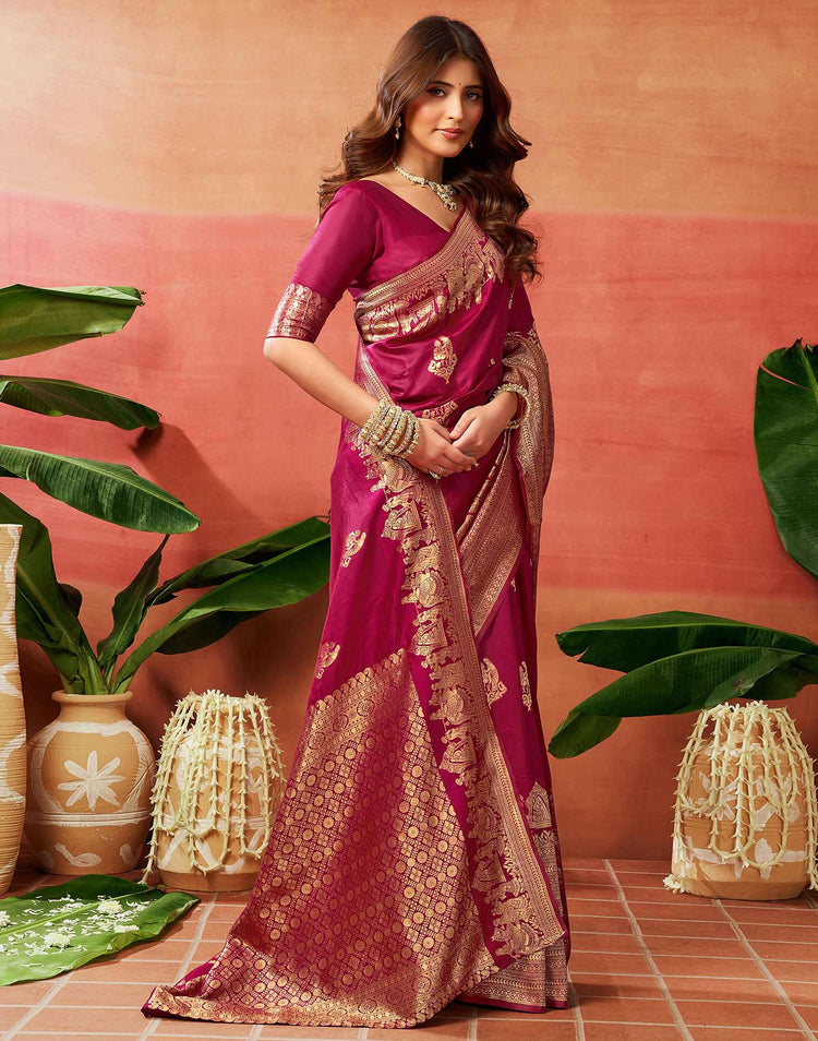 Dark Pink Silk Woven Kanjivaram Saree