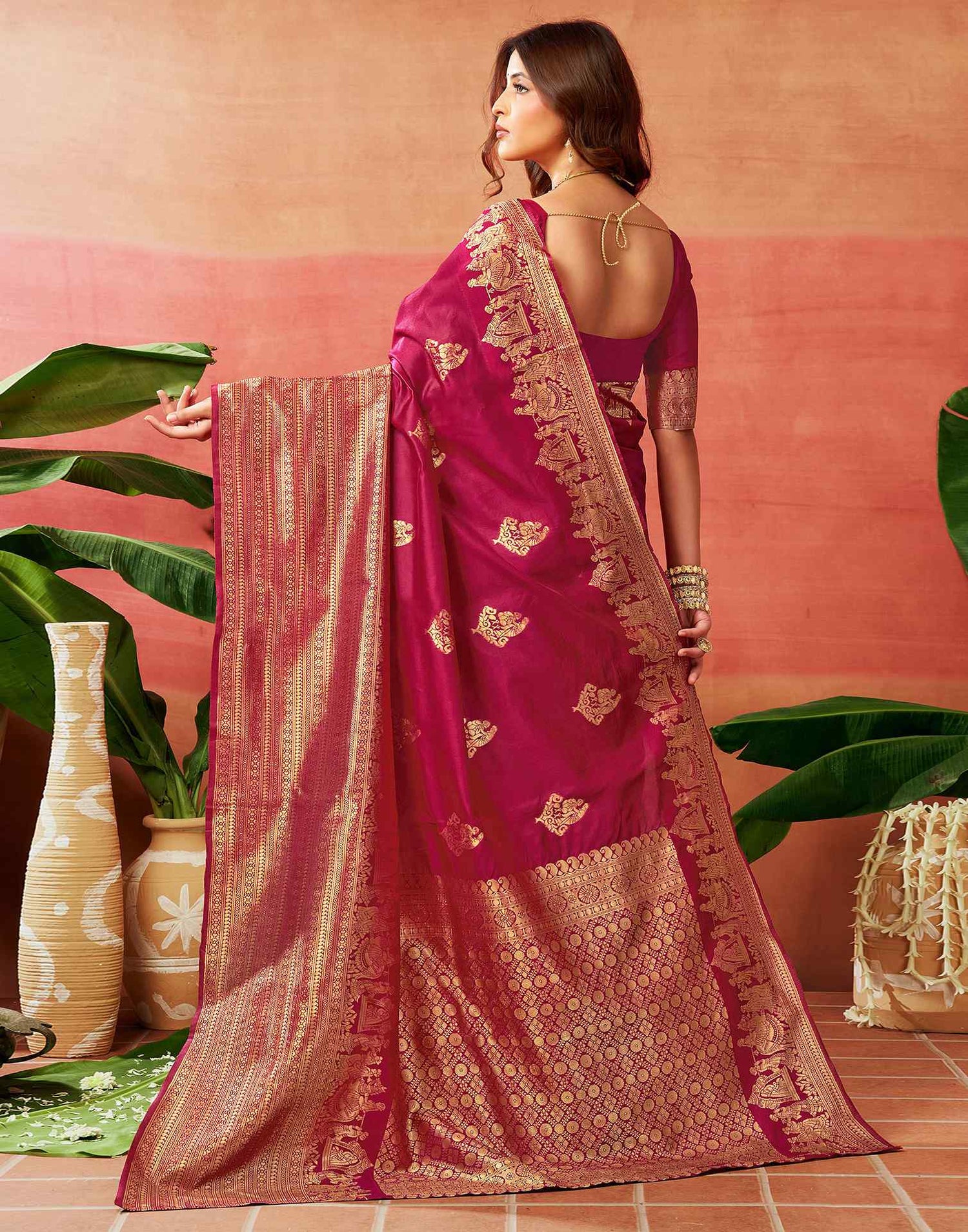 Dark Pink Silk Woven Banarasi Saree