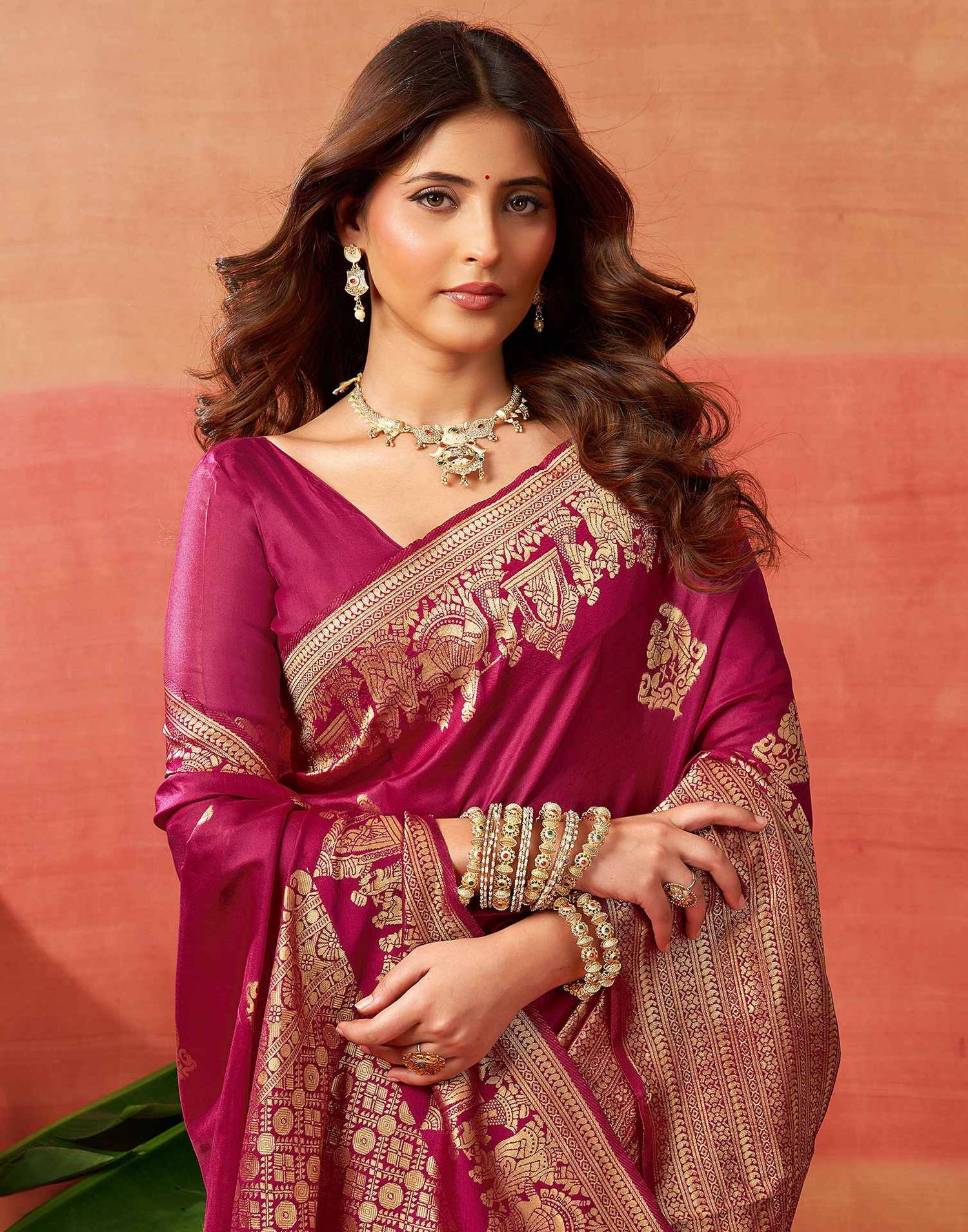 Dark Pink Silk Woven Banarasi Saree