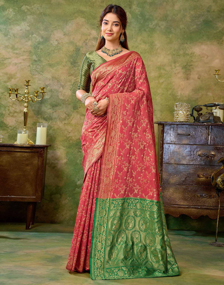 Coral Pink Silk Woven Banarasi Saree