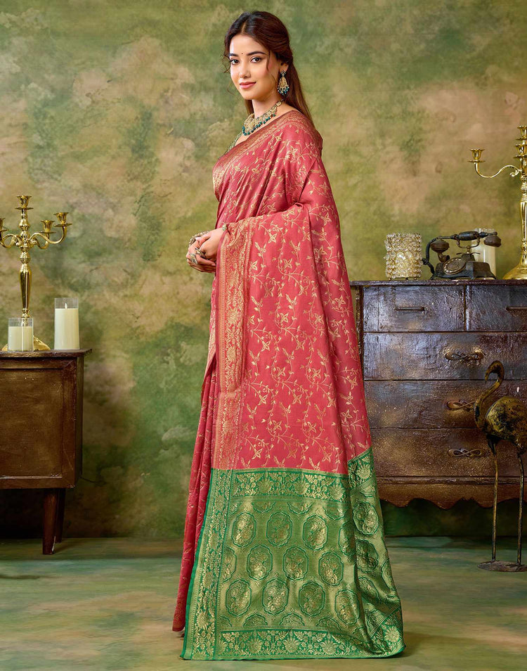 Coral Pink Silk Woven Banarasi Saree