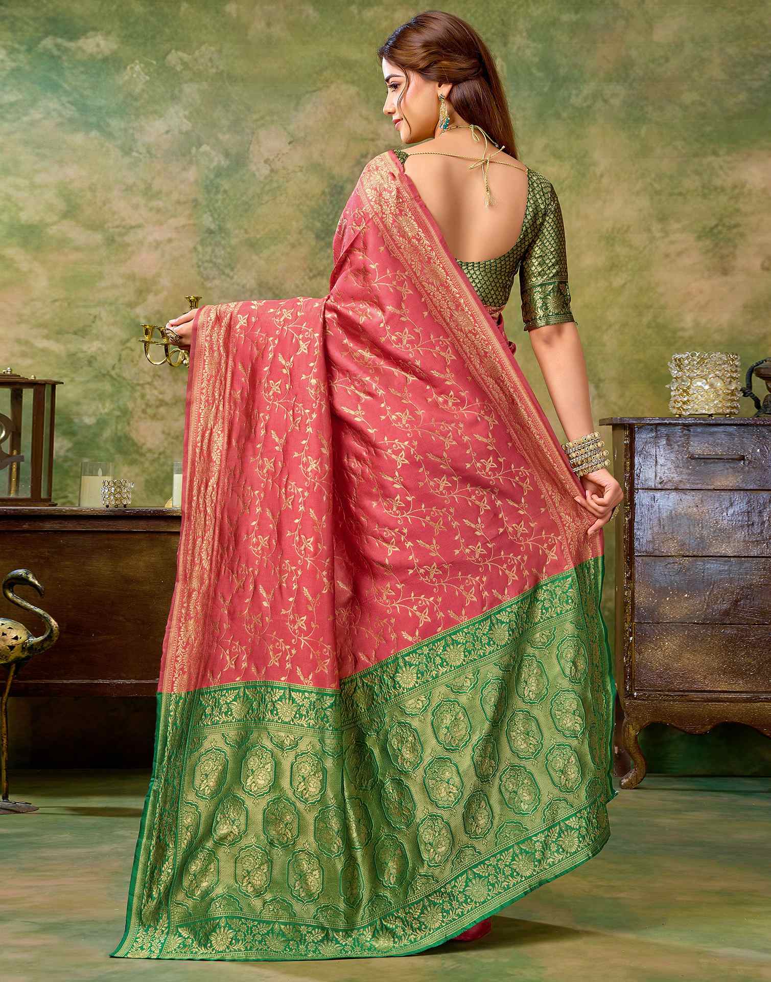Coral Pink Silk Woven Banarasi Saree