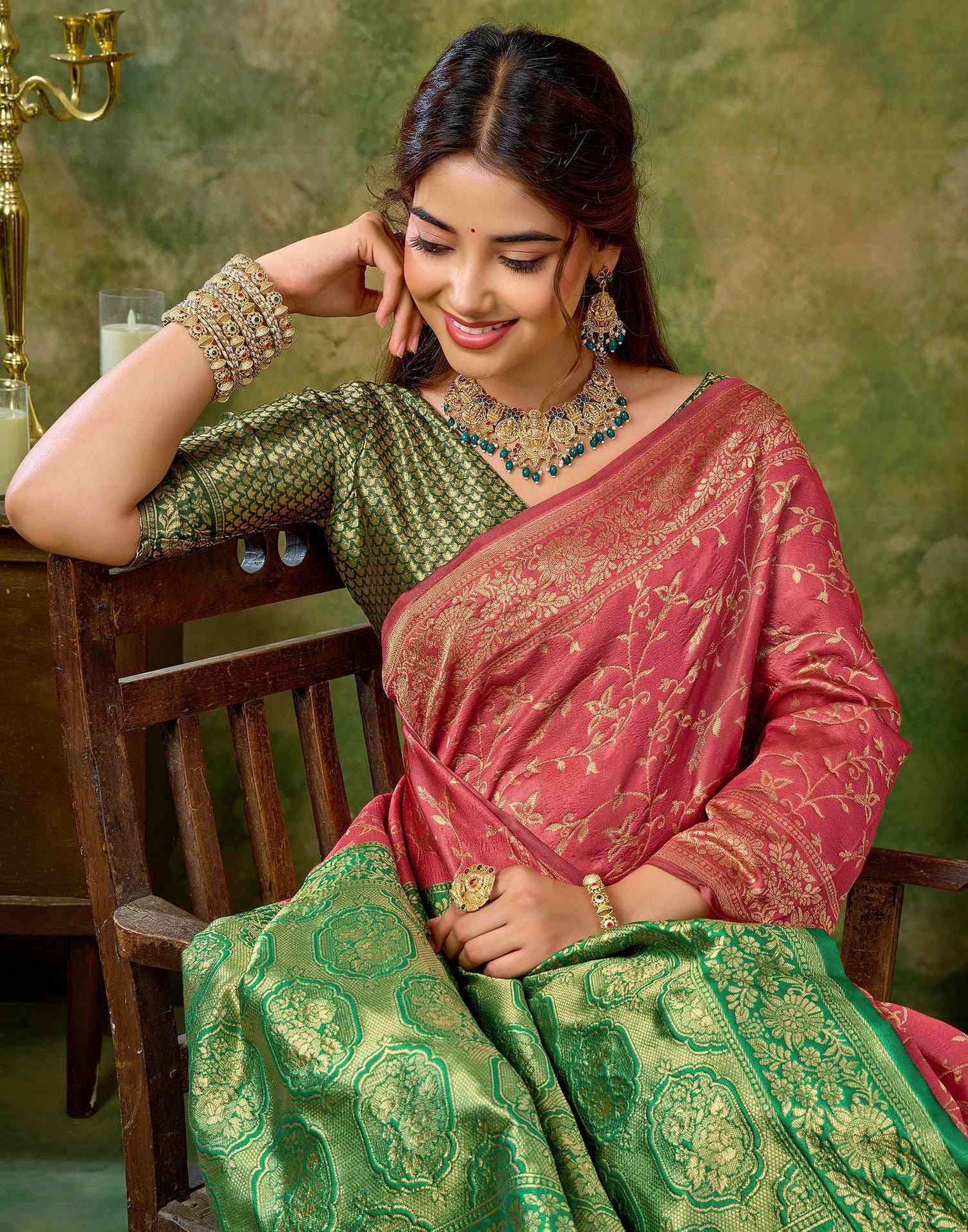 Coral Pink Silk Woven Banarasi Saree