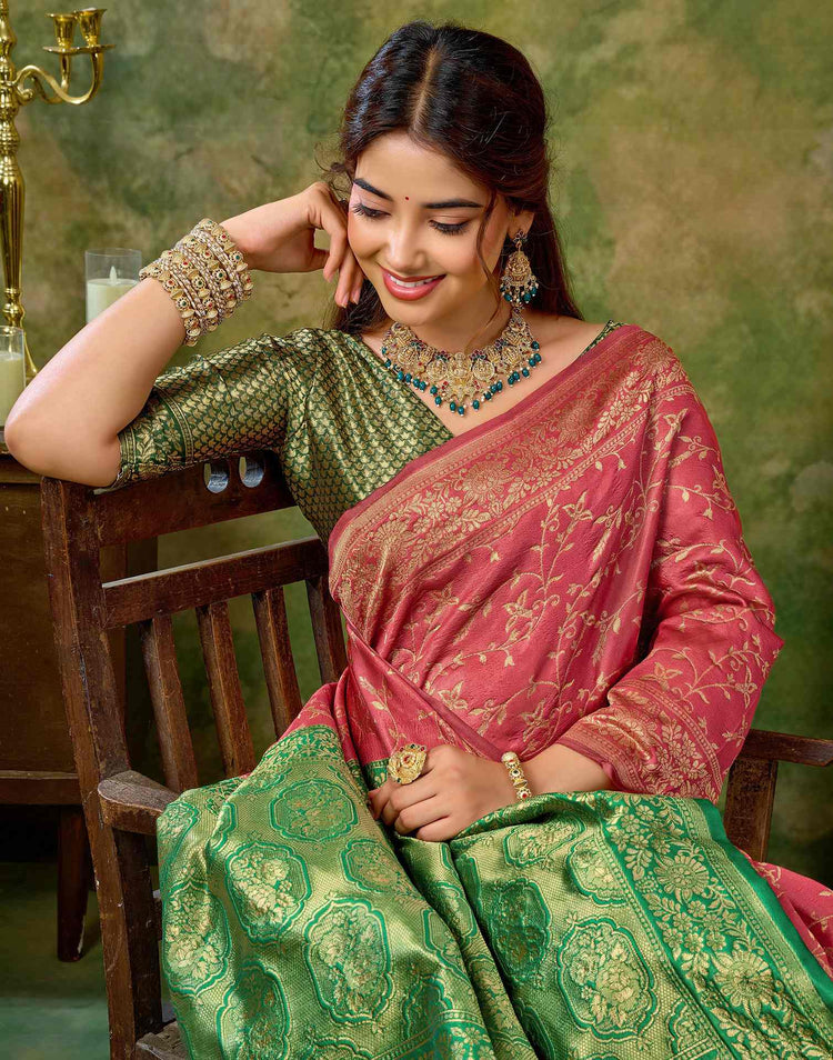 Coral Pink Silk Woven Banarasi Saree