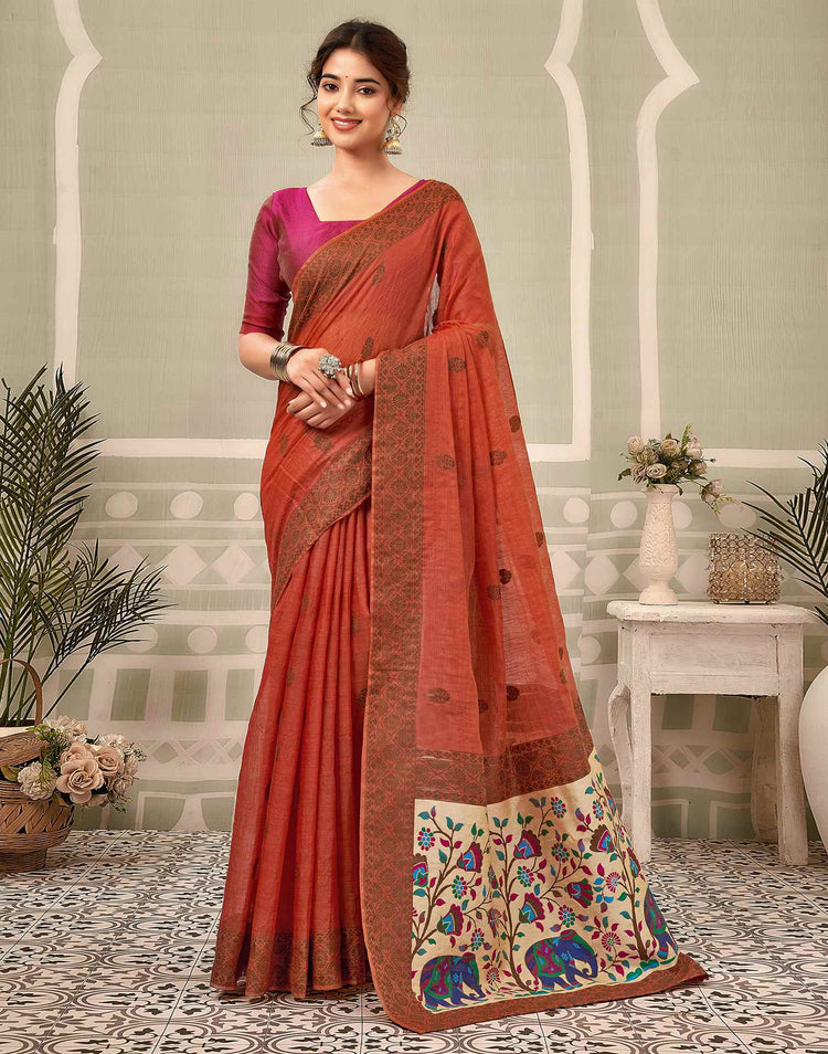 Rust Chanderi Woven Saree