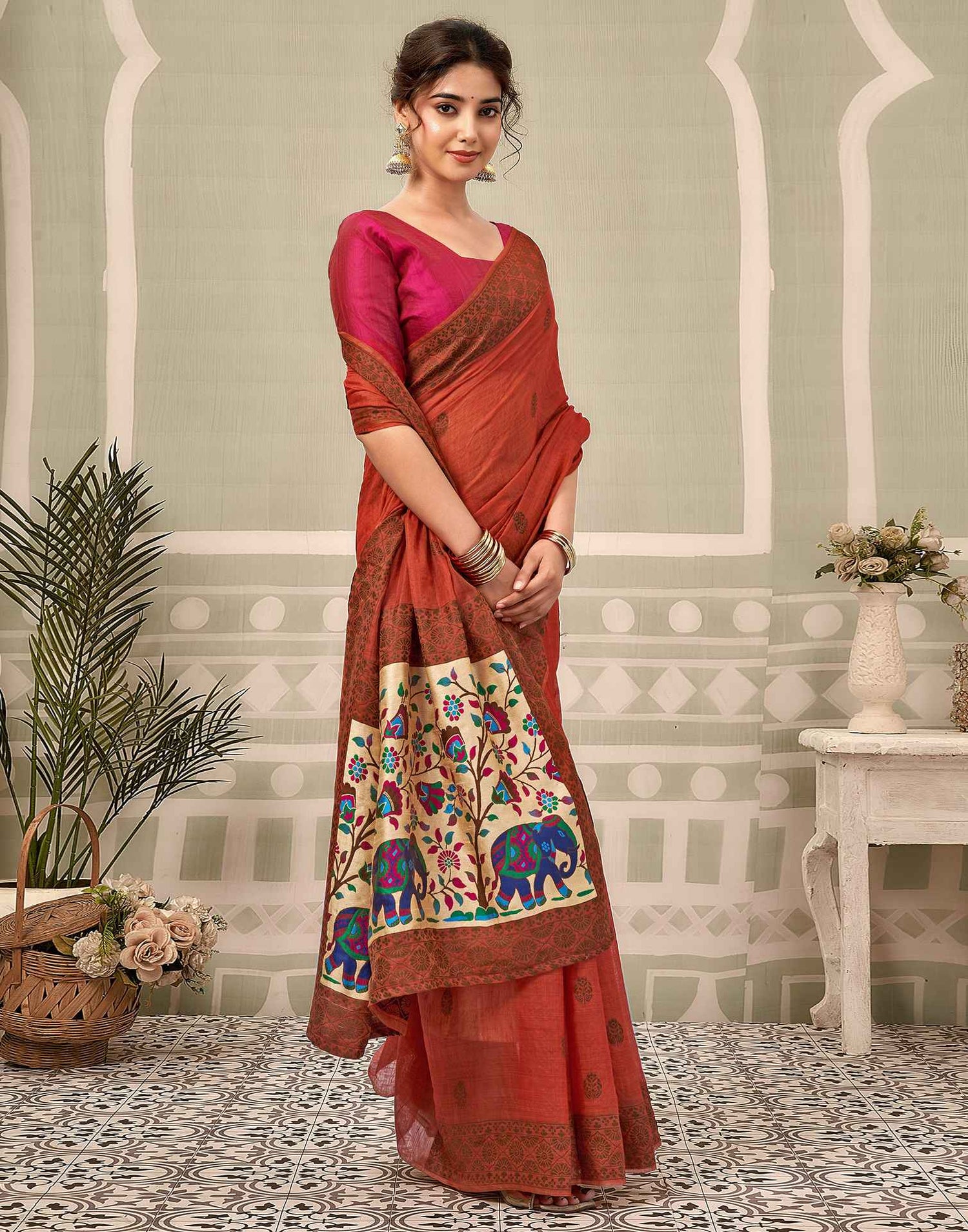 Rust Chanderi Woven Saree