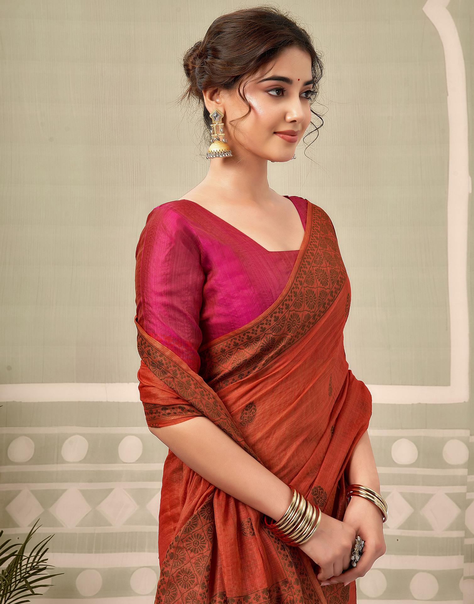 Rust Chanderi Woven Saree