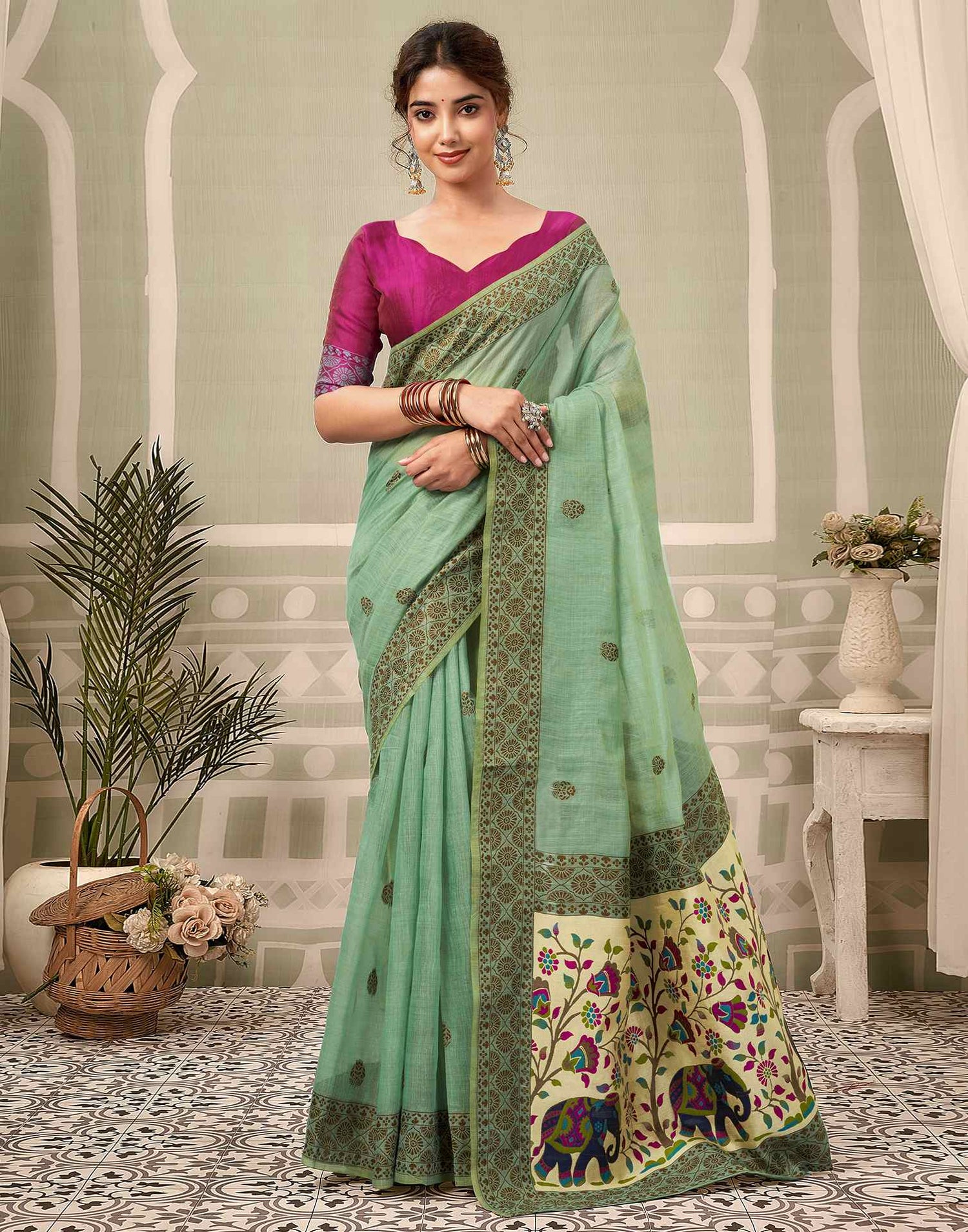 Dusty Mint Green Chanderi Woven Saree