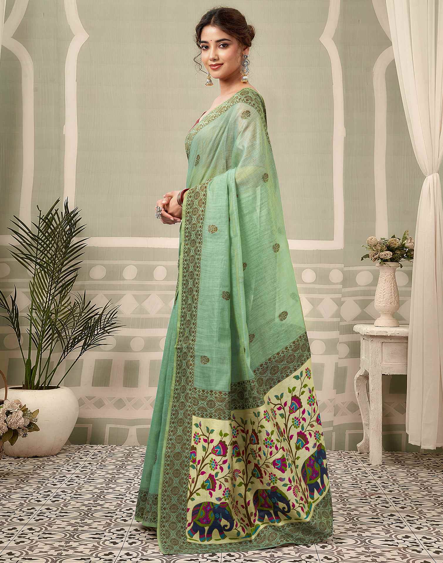 Dusty Mint Green Chanderi Woven Saree