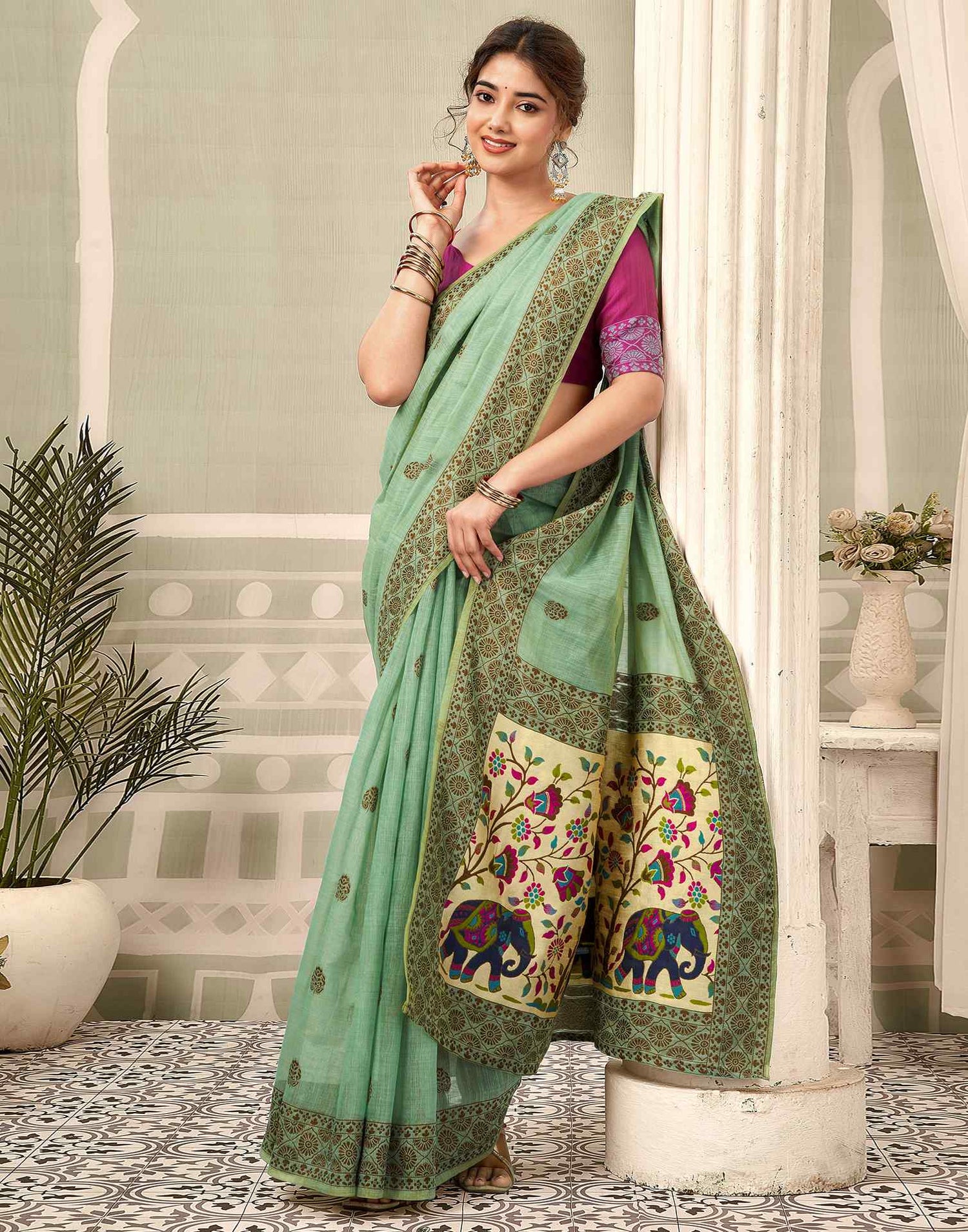 Dusty Mint Green Chanderi Woven Saree