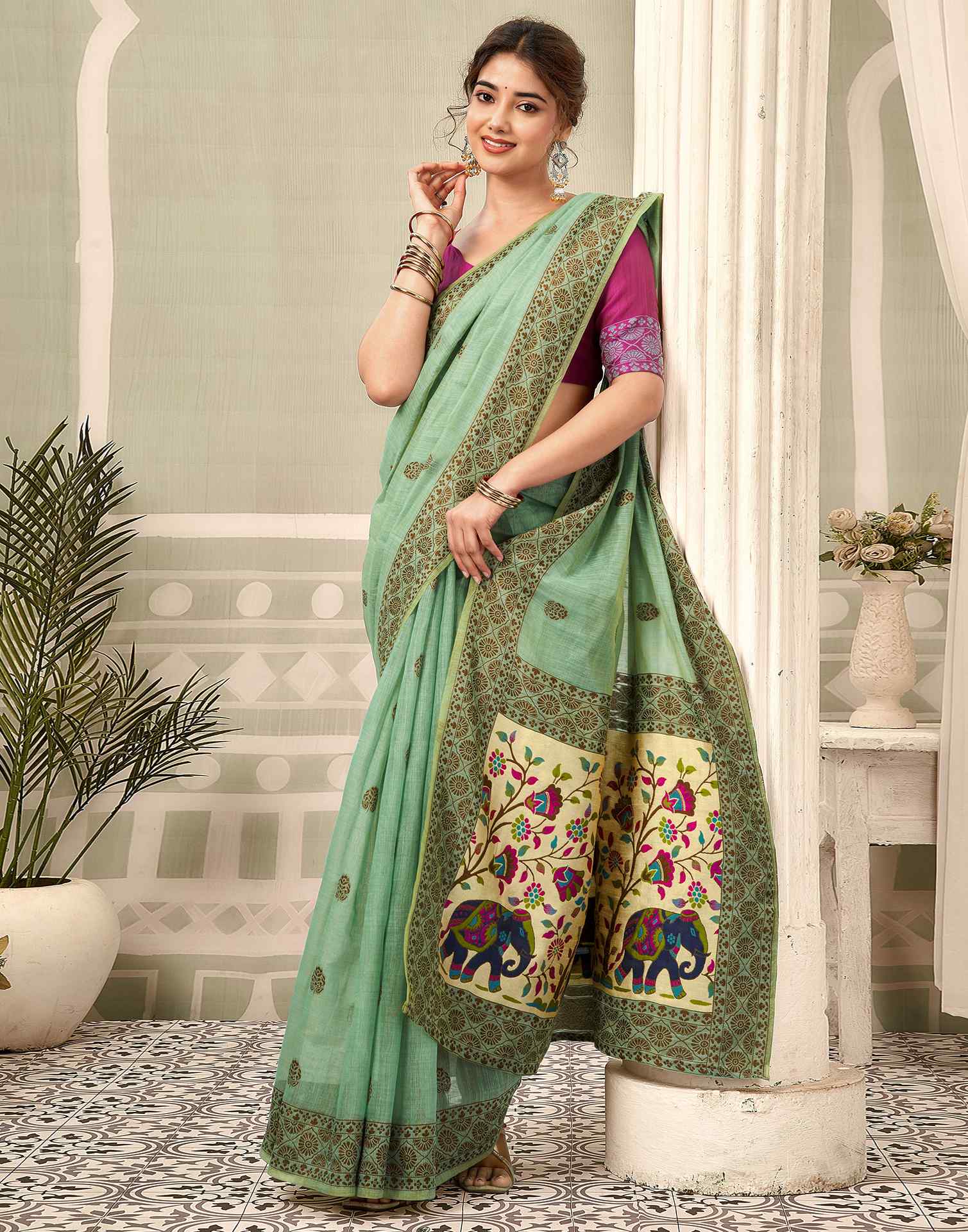 Dusty Mint Green Chanderi Woven Saree