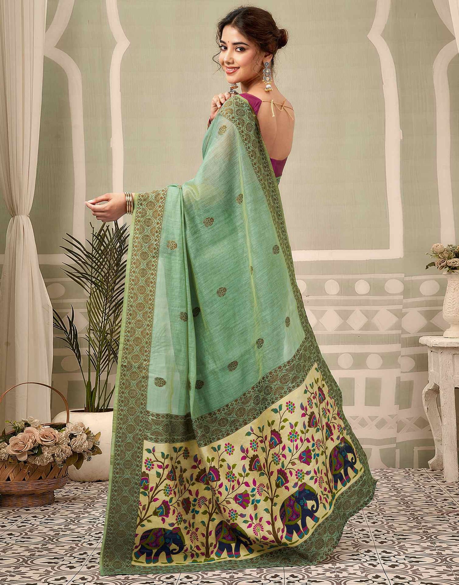 Dusty Mint Green Chanderi Woven Saree