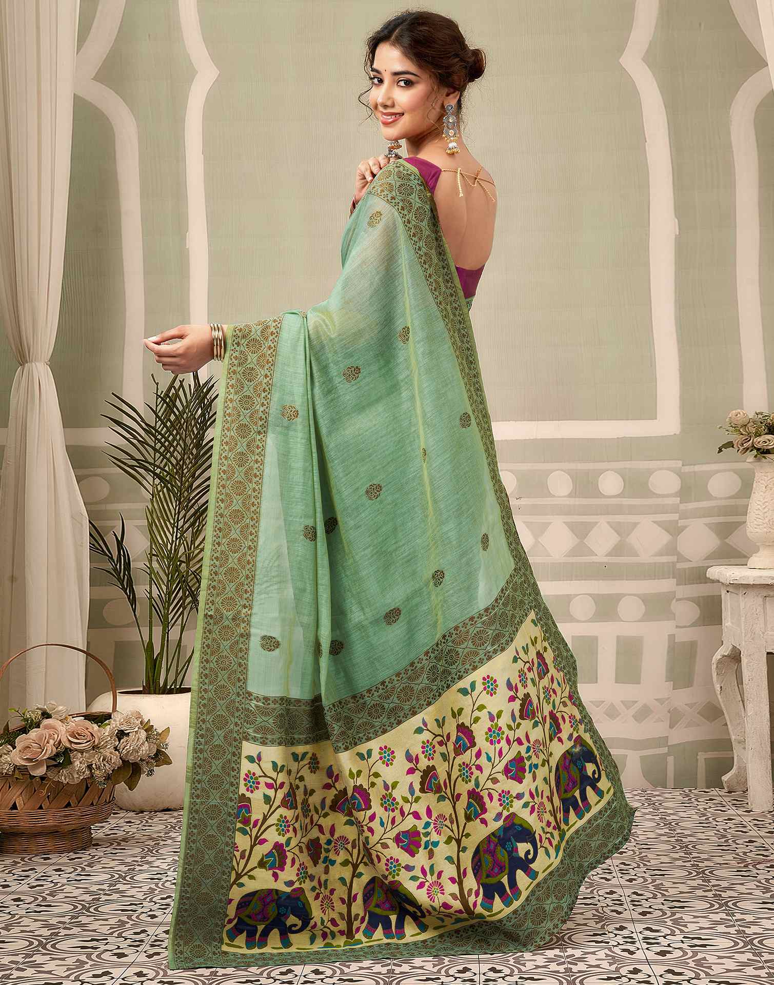 Dusty Mint Green Chanderi Woven Saree