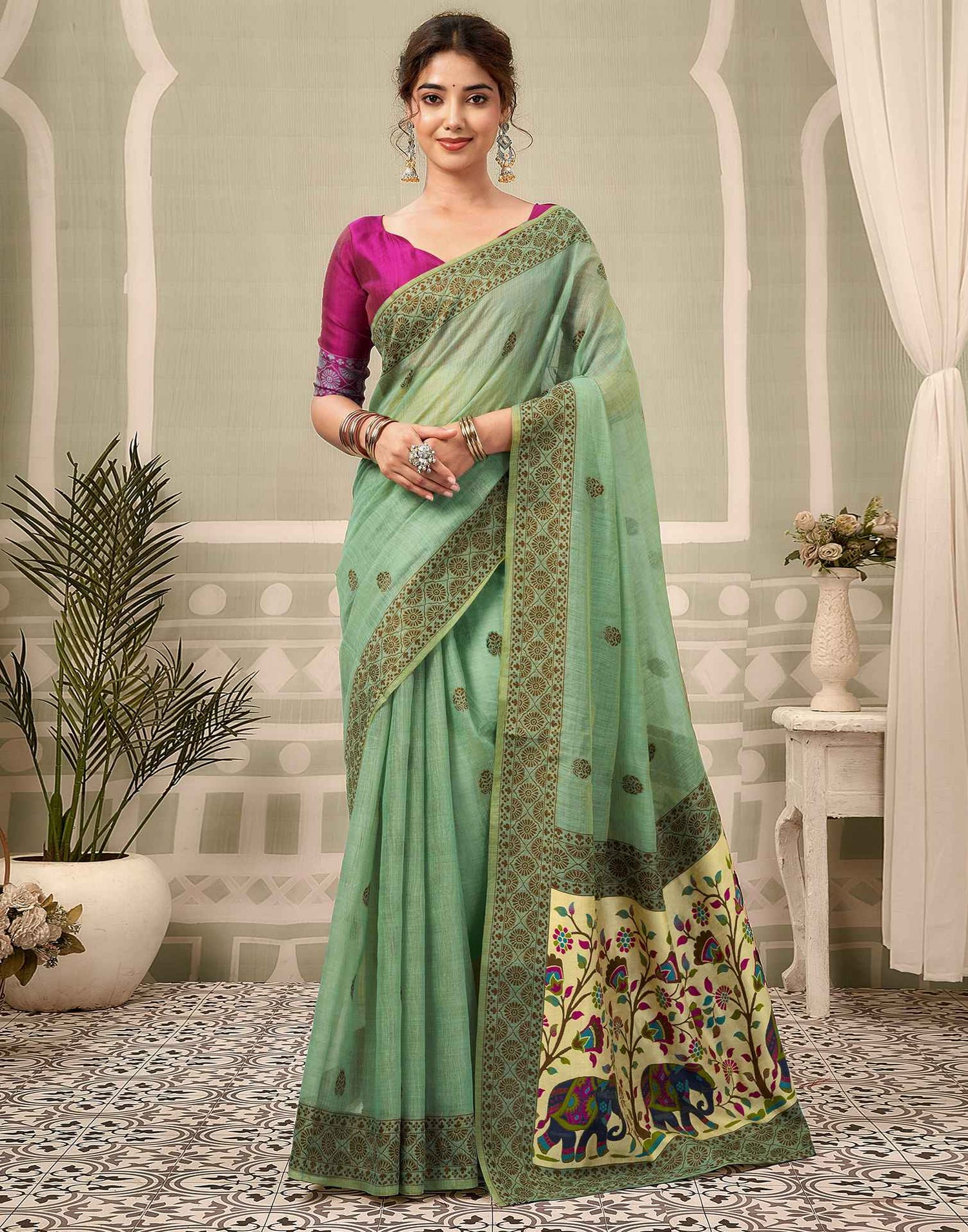 Dusty Mint Green Chanderi Woven Saree