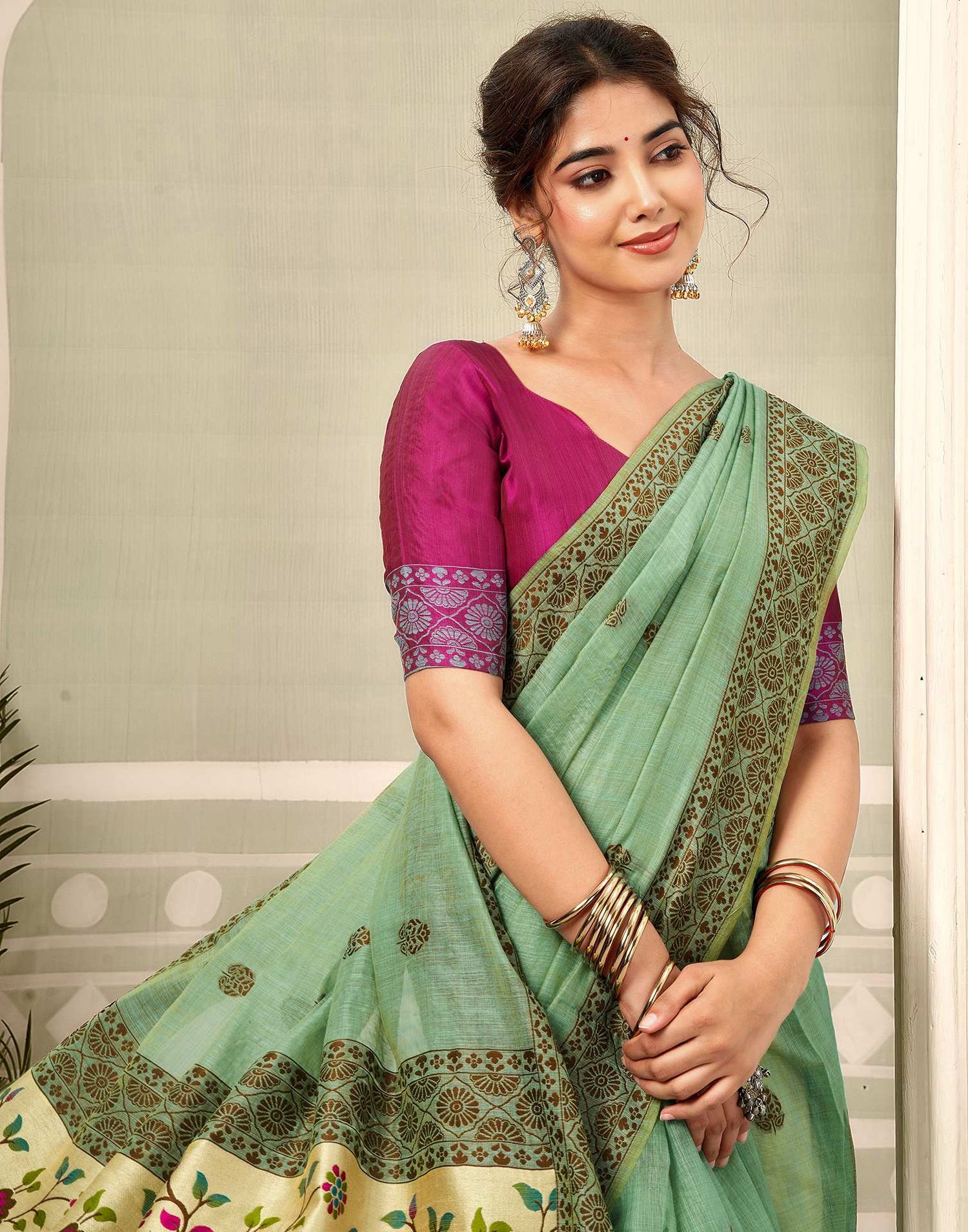 Dusty Mint Green Chanderi Woven Saree