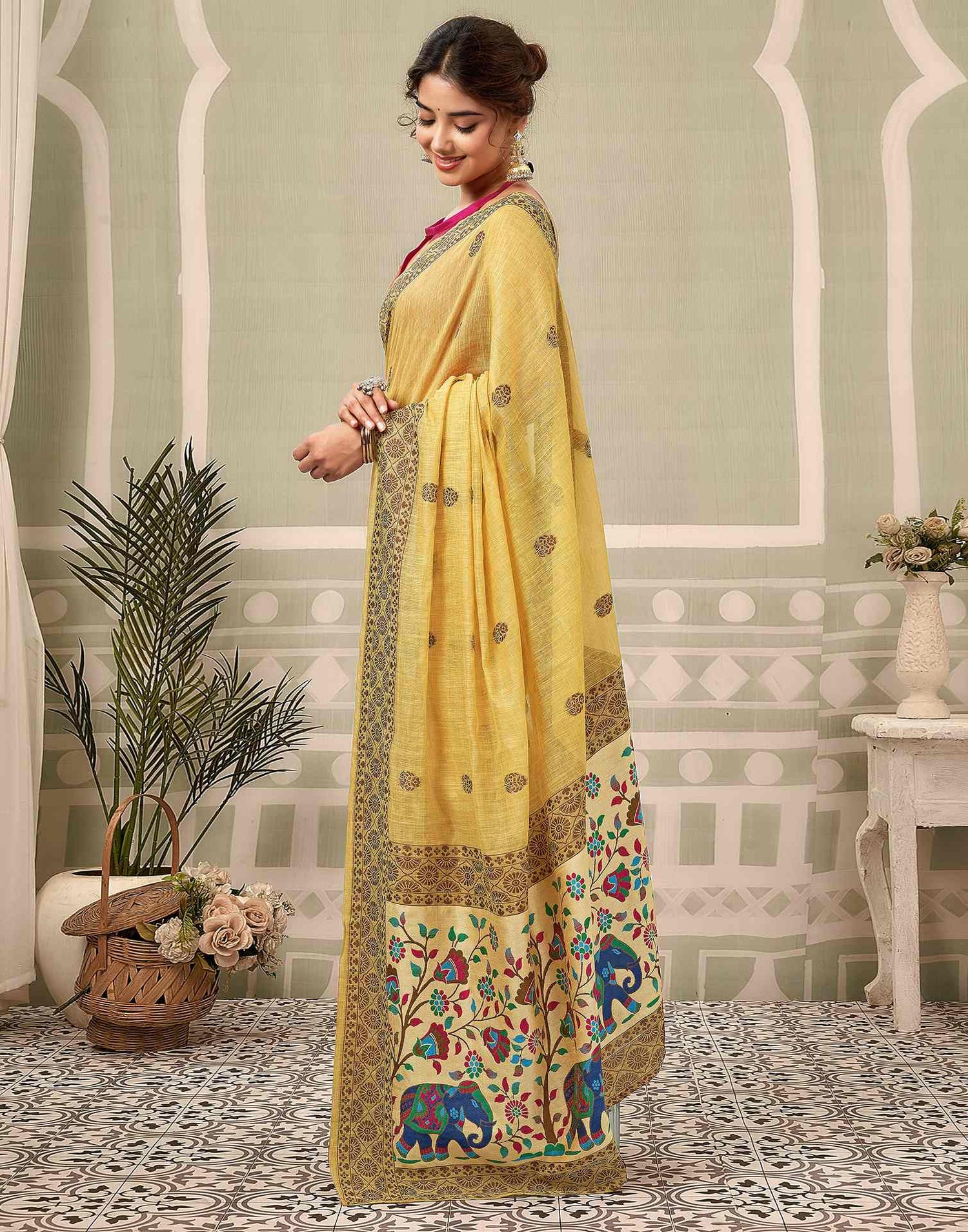 Yellow Chanderi Woven Saree