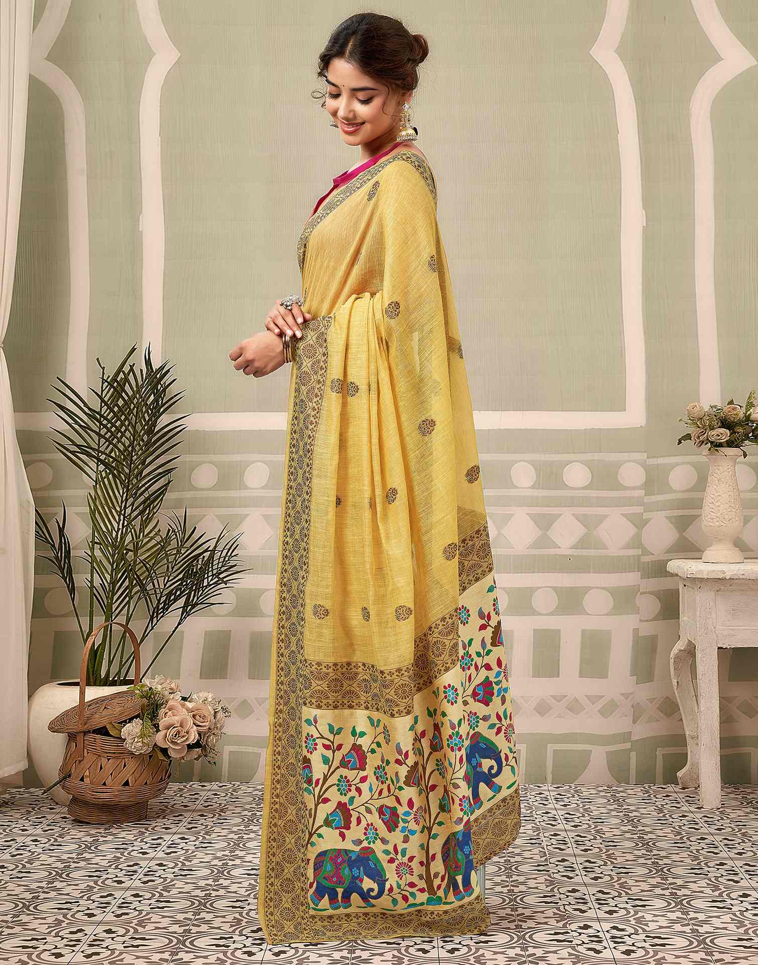 Yellow Chanderi Woven Saree