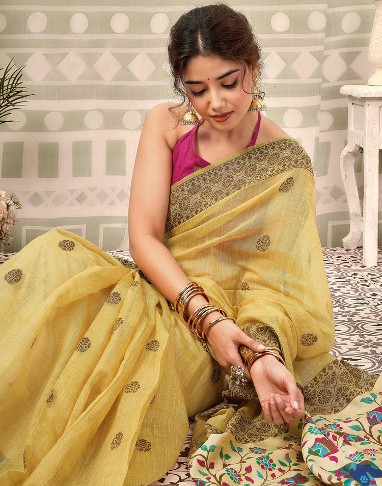 Yellow Chanderi Woven Saree