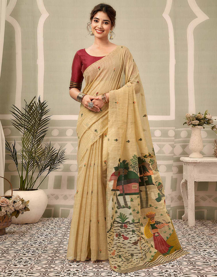 Beige Chanderi Woven Saree