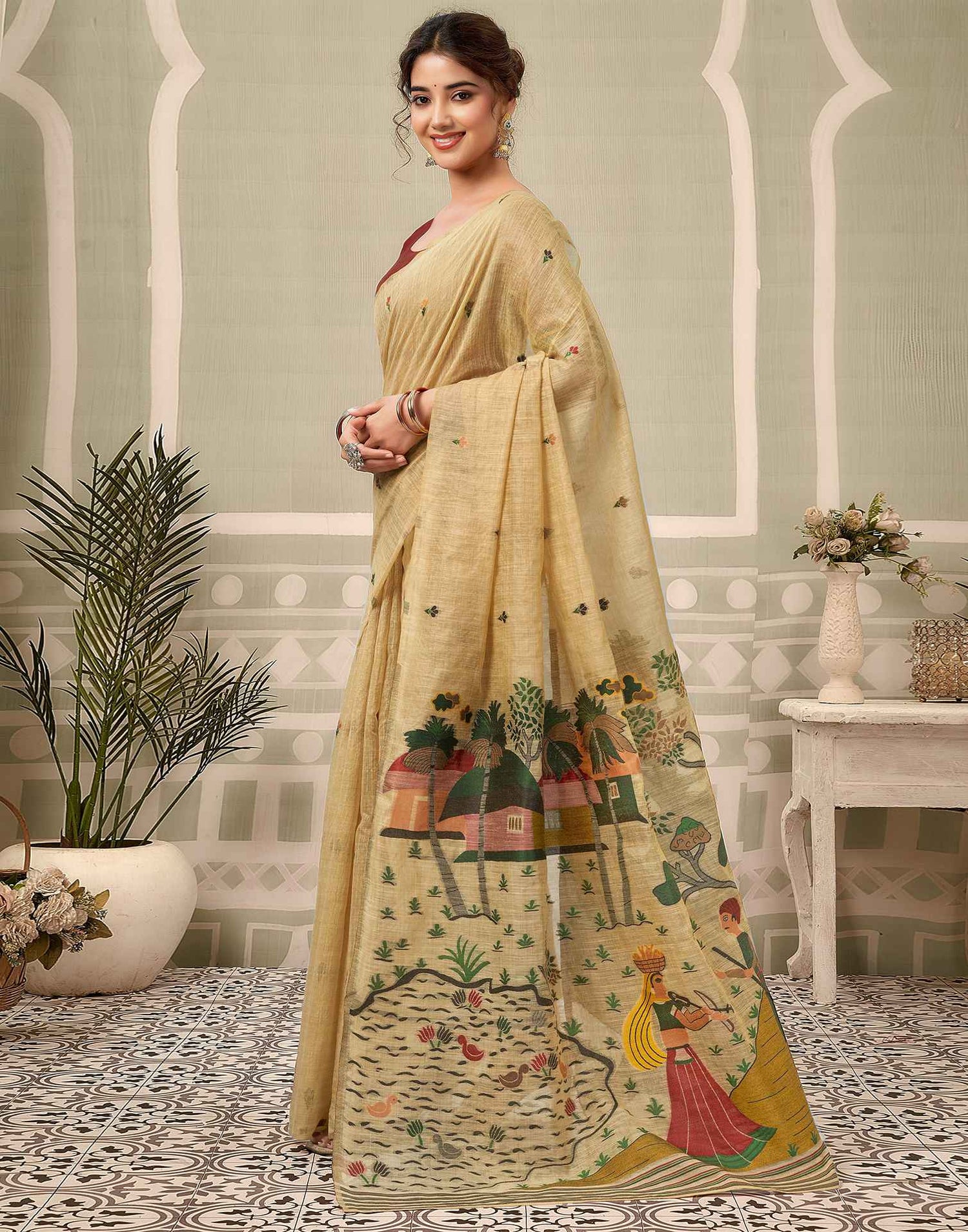 Beige Chanderi Woven Saree