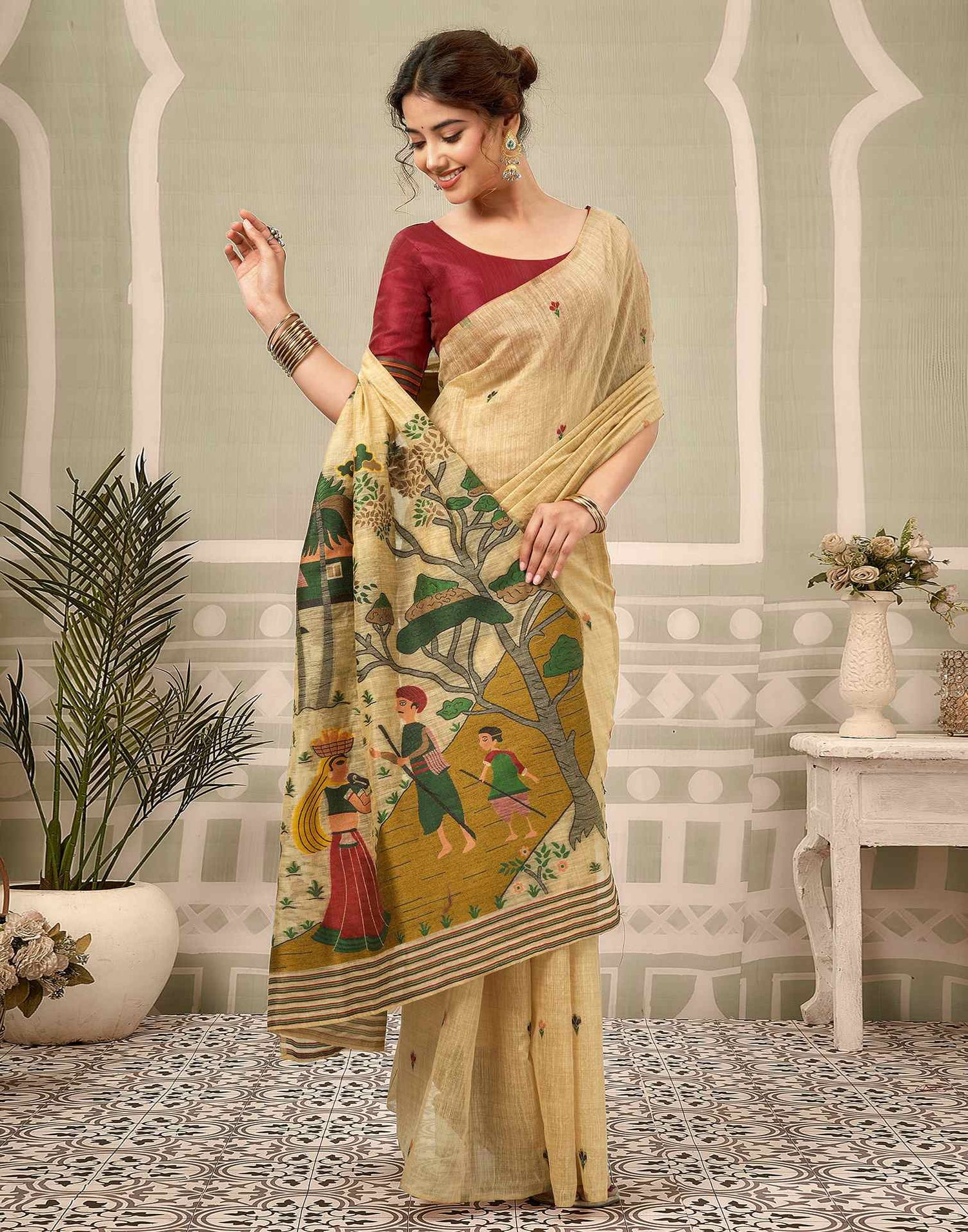 Beige Chanderi Woven Saree