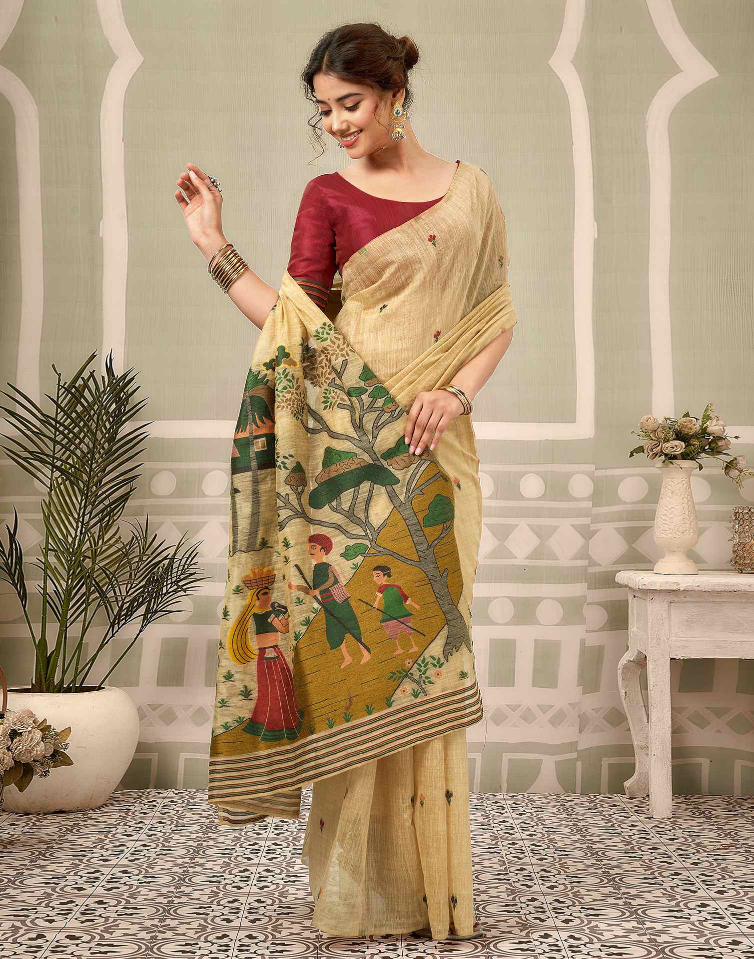 Beige Chanderi Woven Saree