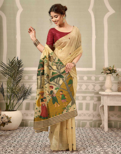 Beige Chanderi Woven Saree