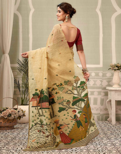 Beige Chanderi Woven Saree