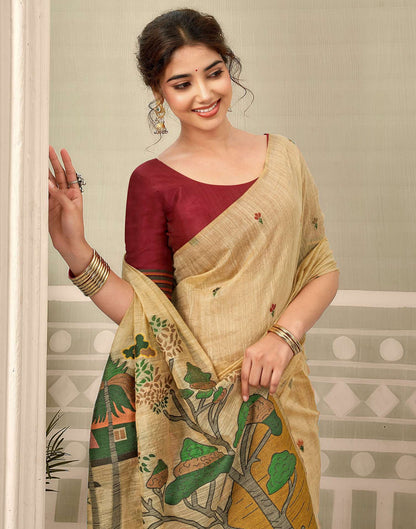 Beige Chanderi Woven Saree