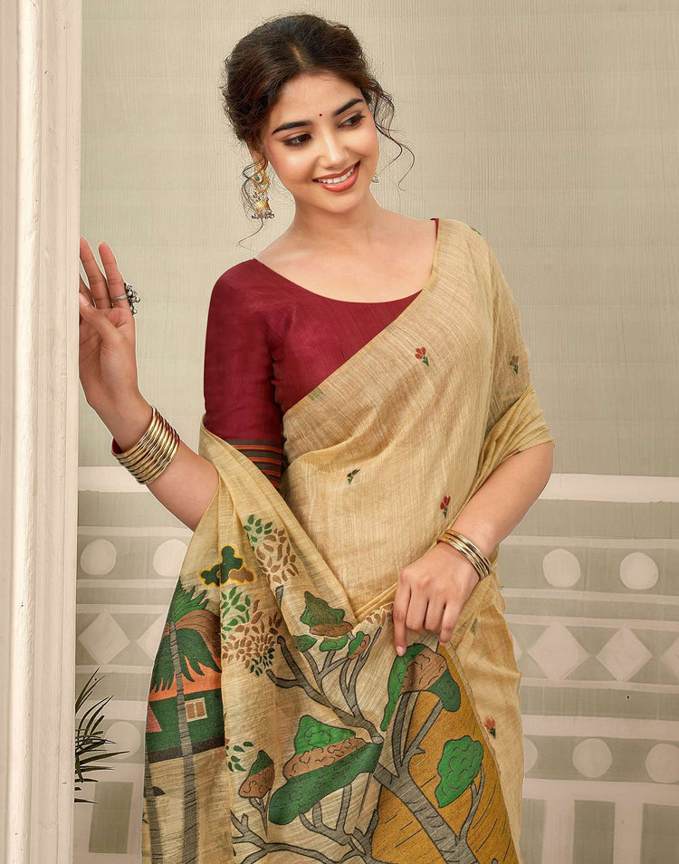 Beige Chanderi Woven Saree