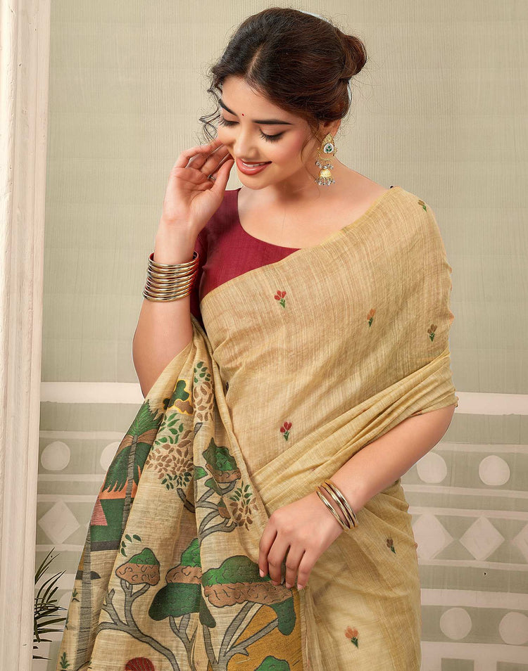 Beige Chanderi Woven Saree