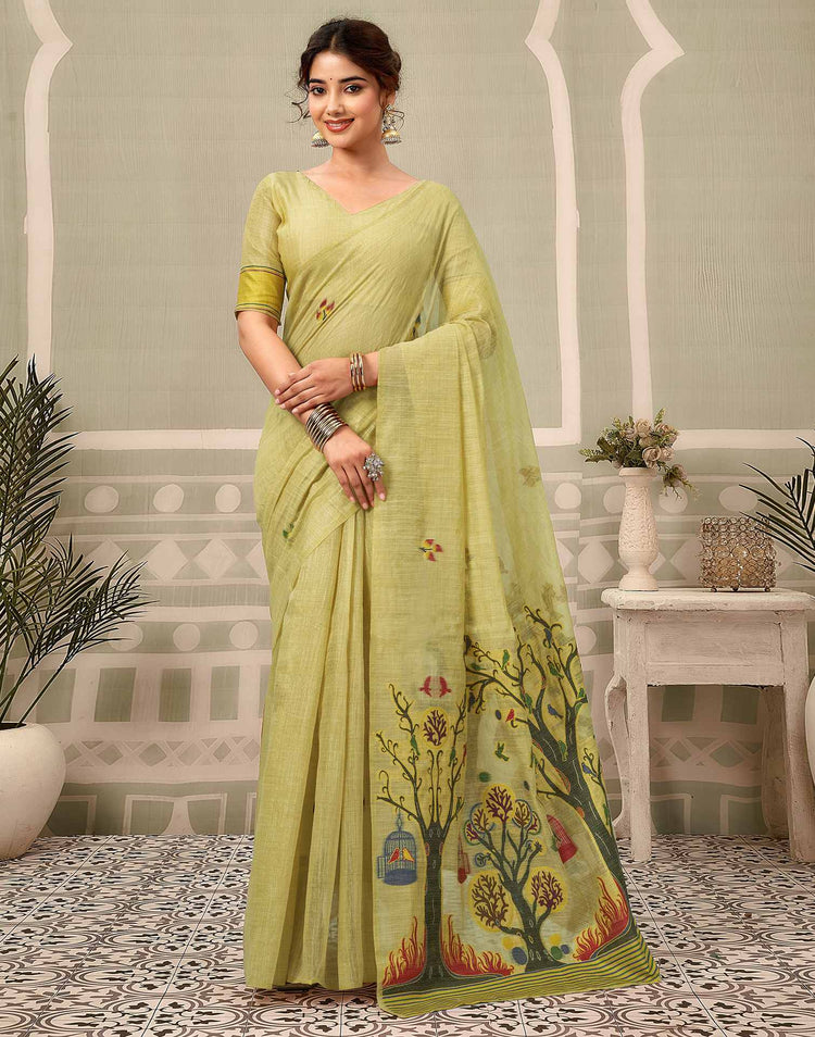 Beige Chanderi Woven Saree