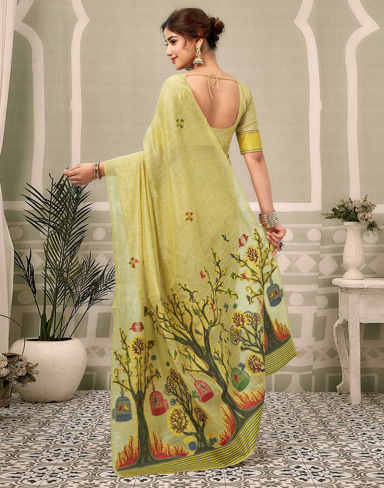 Beige Chanderi Woven Saree