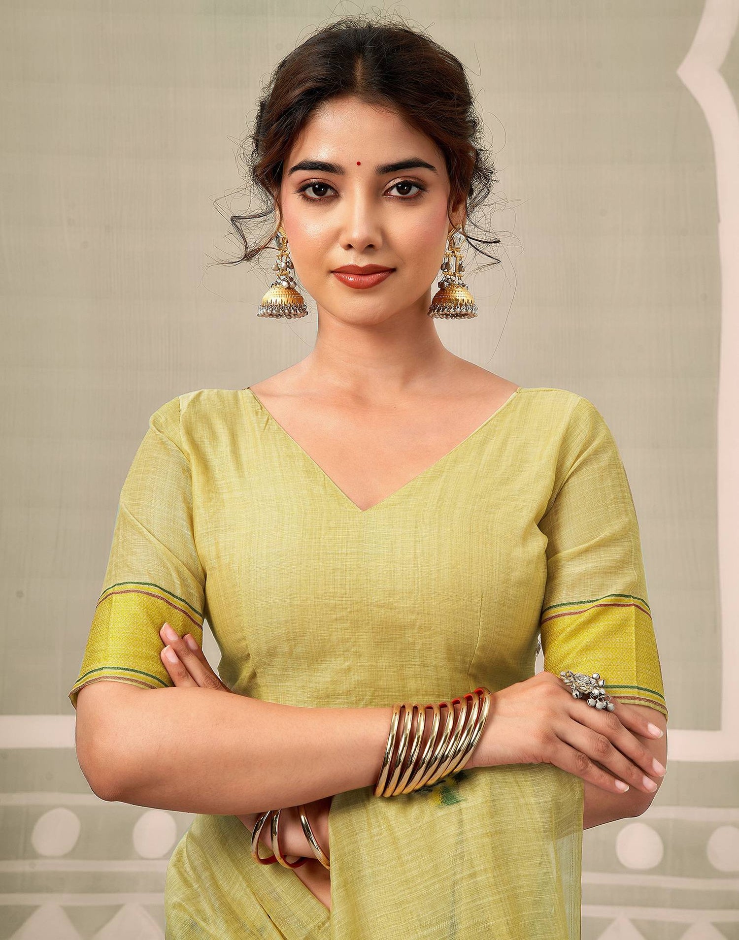 Beige Chanderi Woven Saree