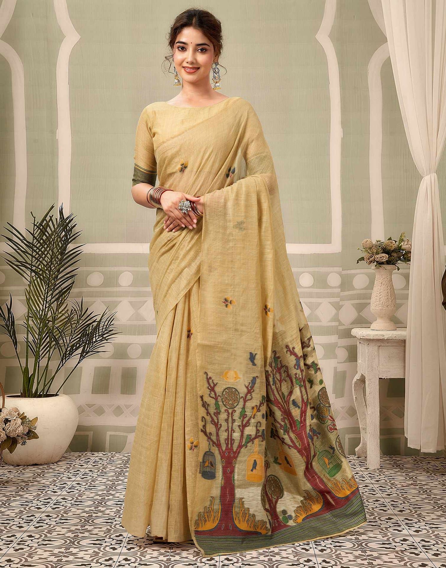 Light Lime Yellow Chanderi Woven Saree