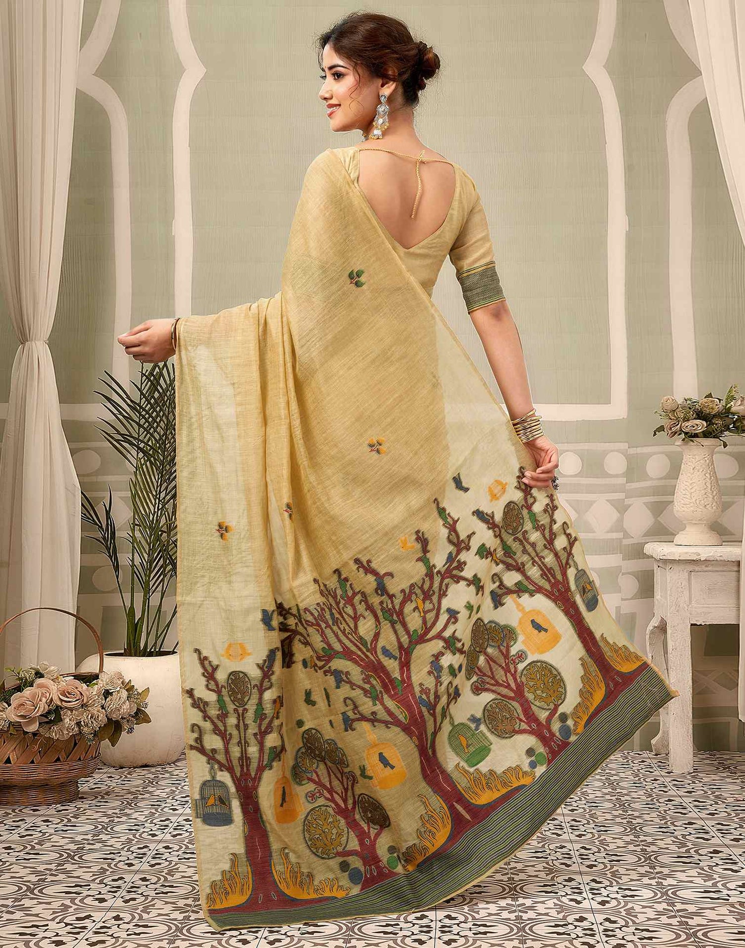Light Lime Yellow Chanderi Woven Saree