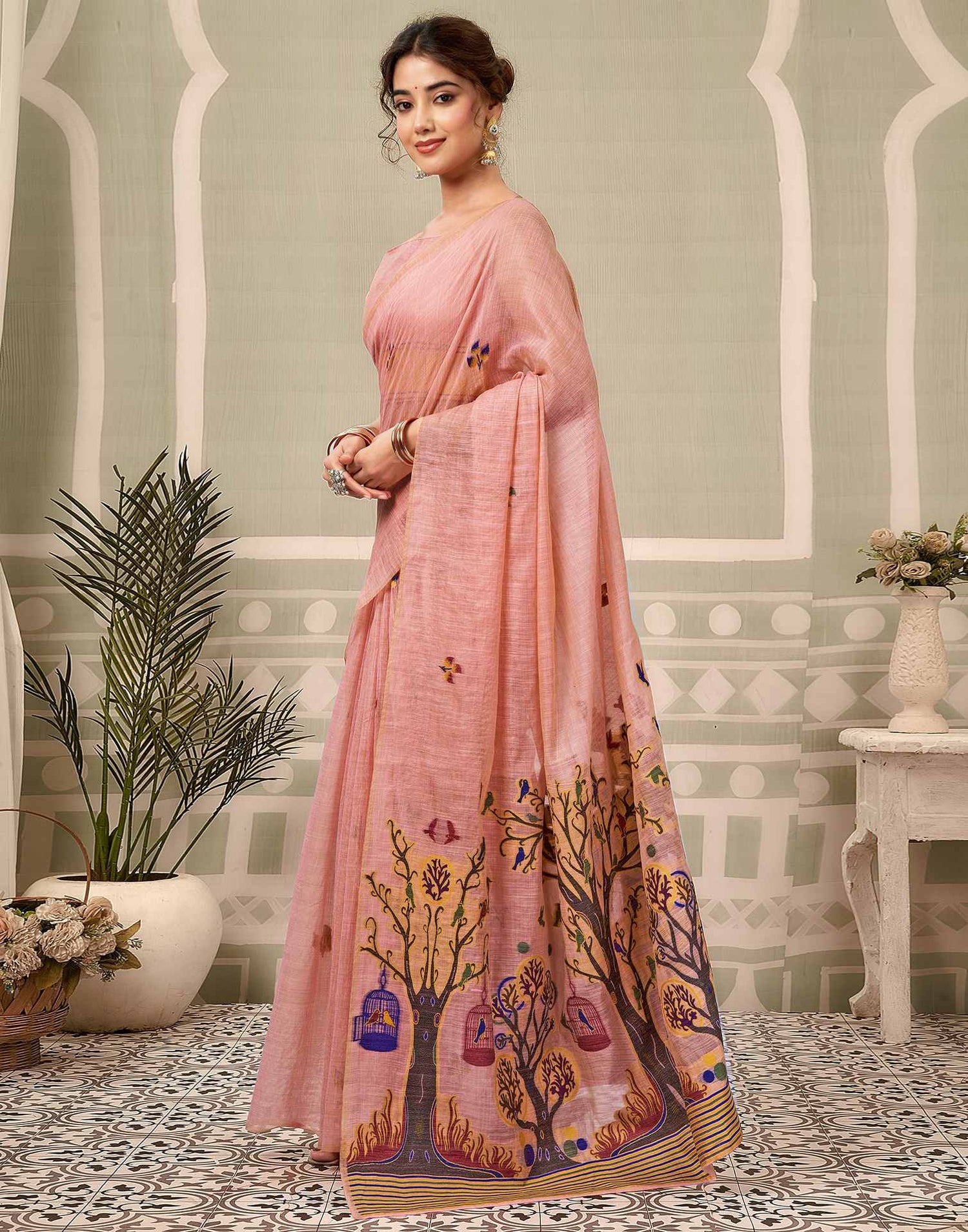 Rose Pink Chanderi Woven Saree