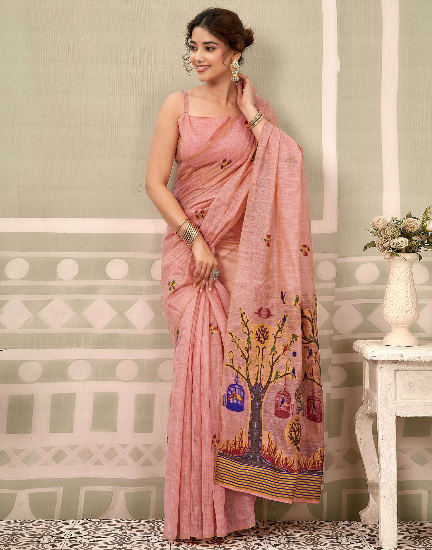 Rose Pink Chanderi Woven Saree