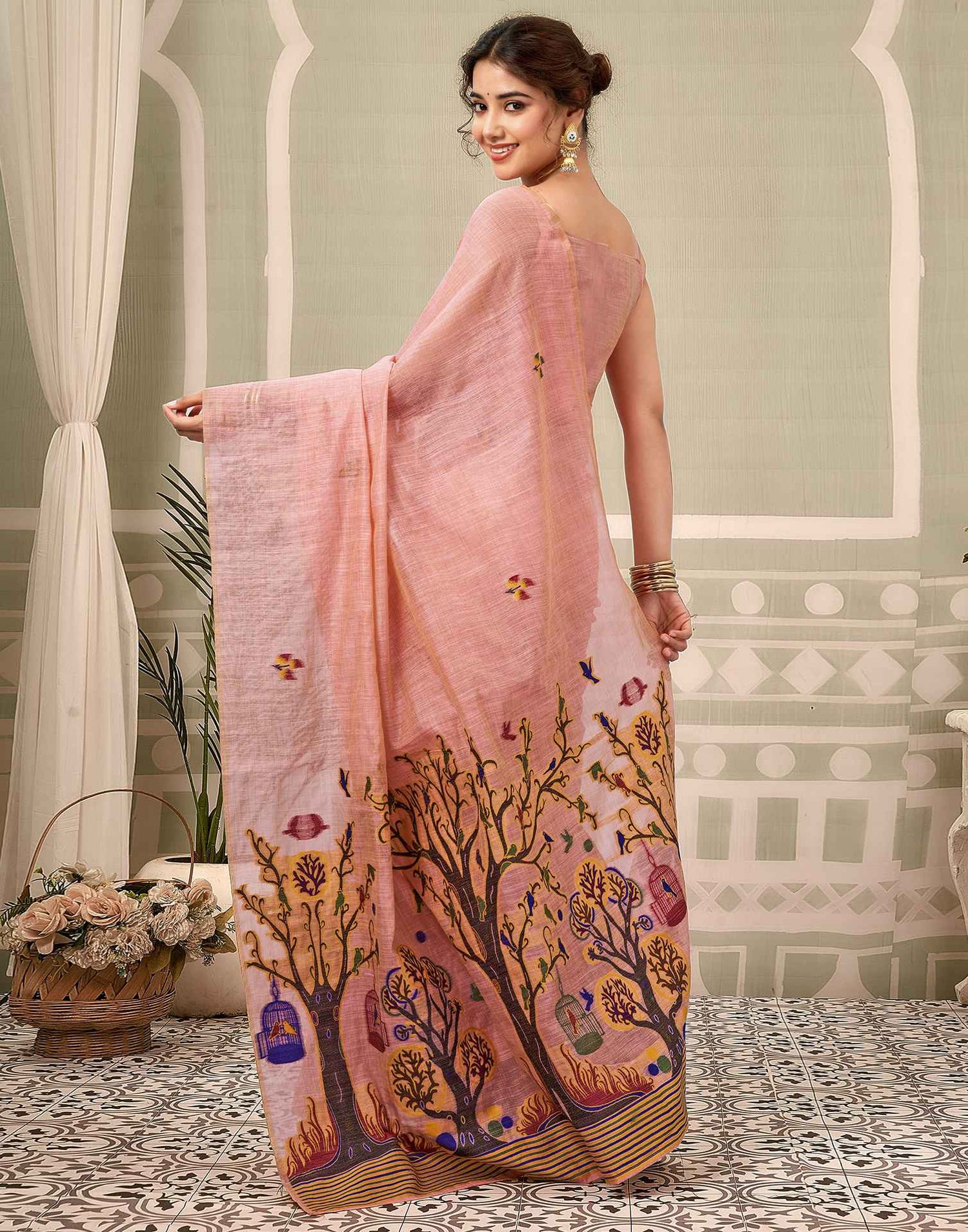 Rose Pink Chanderi Woven Saree