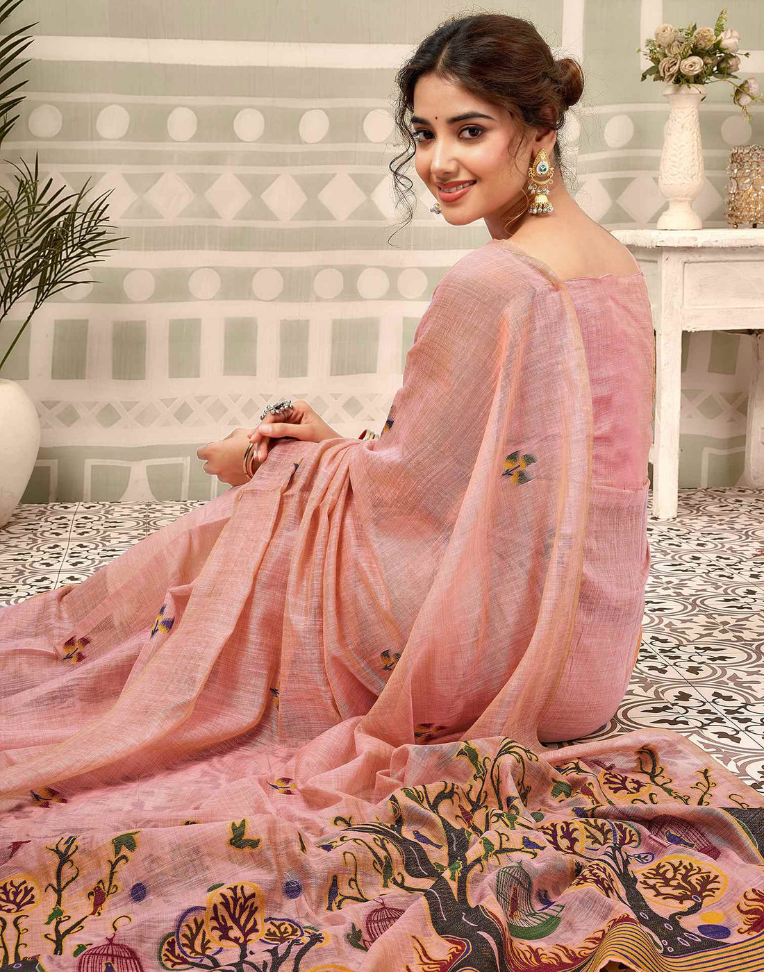 Rose Pink Chanderi Woven Saree