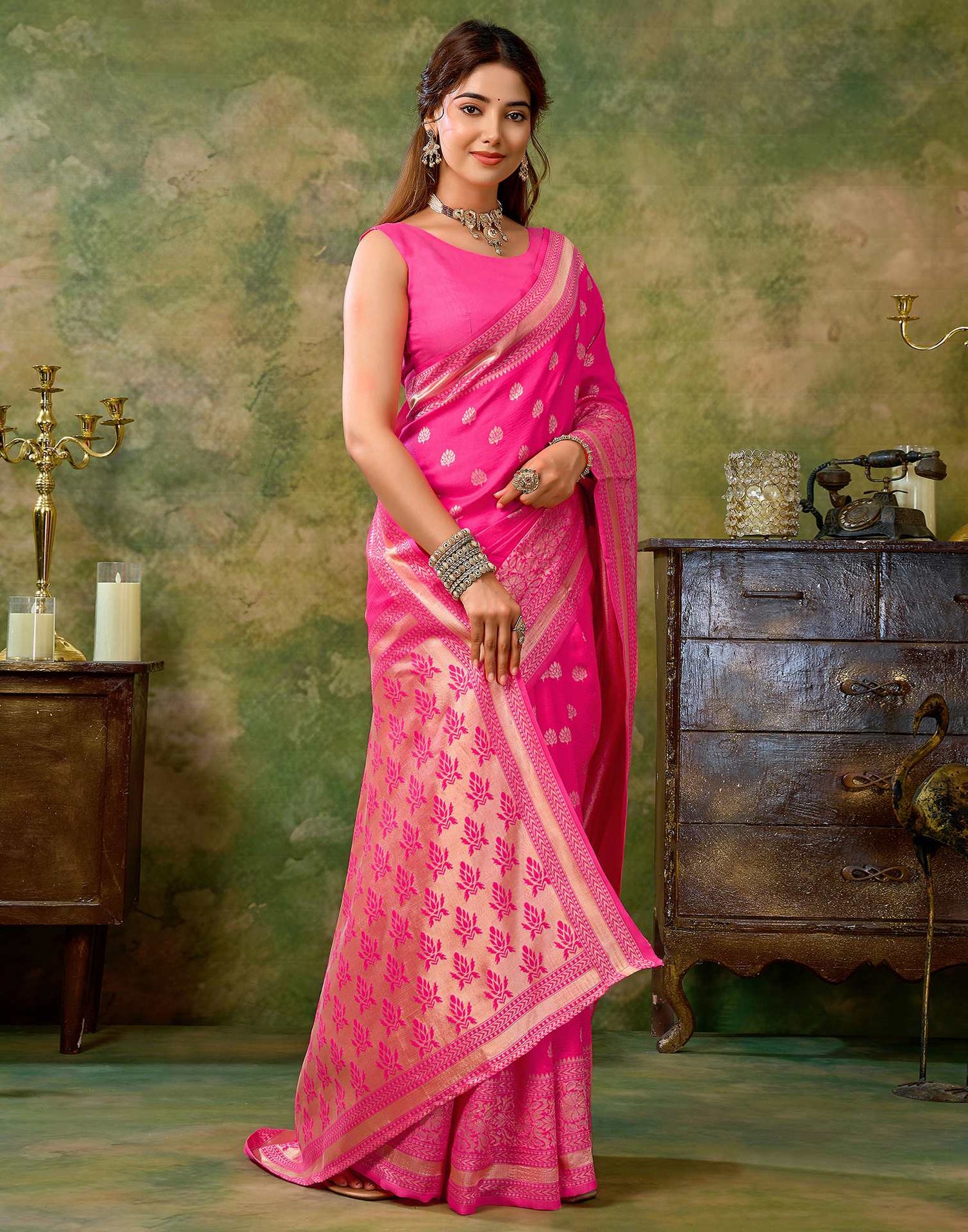 Pink Silk Woven Banarasi Saree