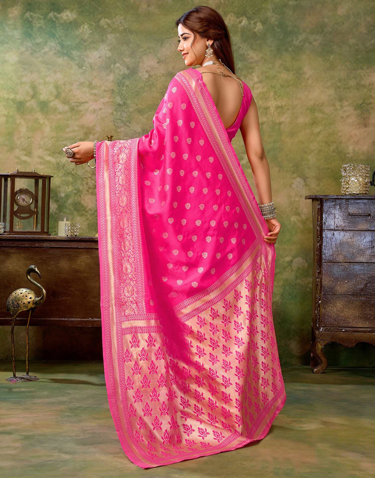 Pink Silk Woven Banarasi Saree