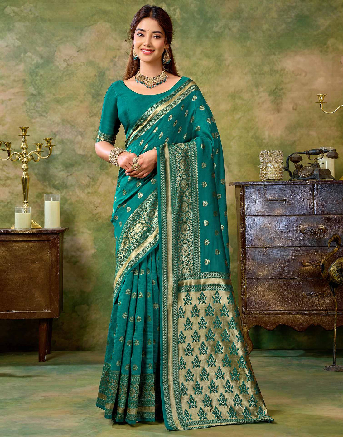 Teal Green Silk Woven Banarasi Saree