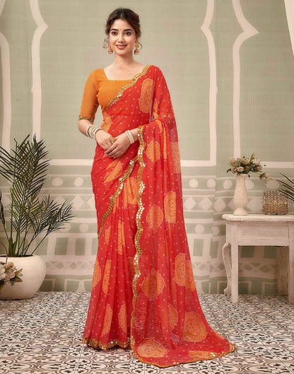 Coral Red Georgette Printed Bandhani Saree