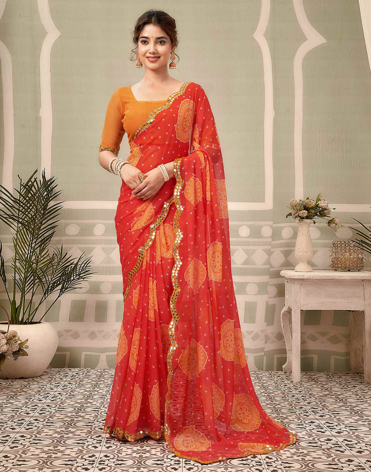 Coral Red Georgette Printed Bandhani Saree