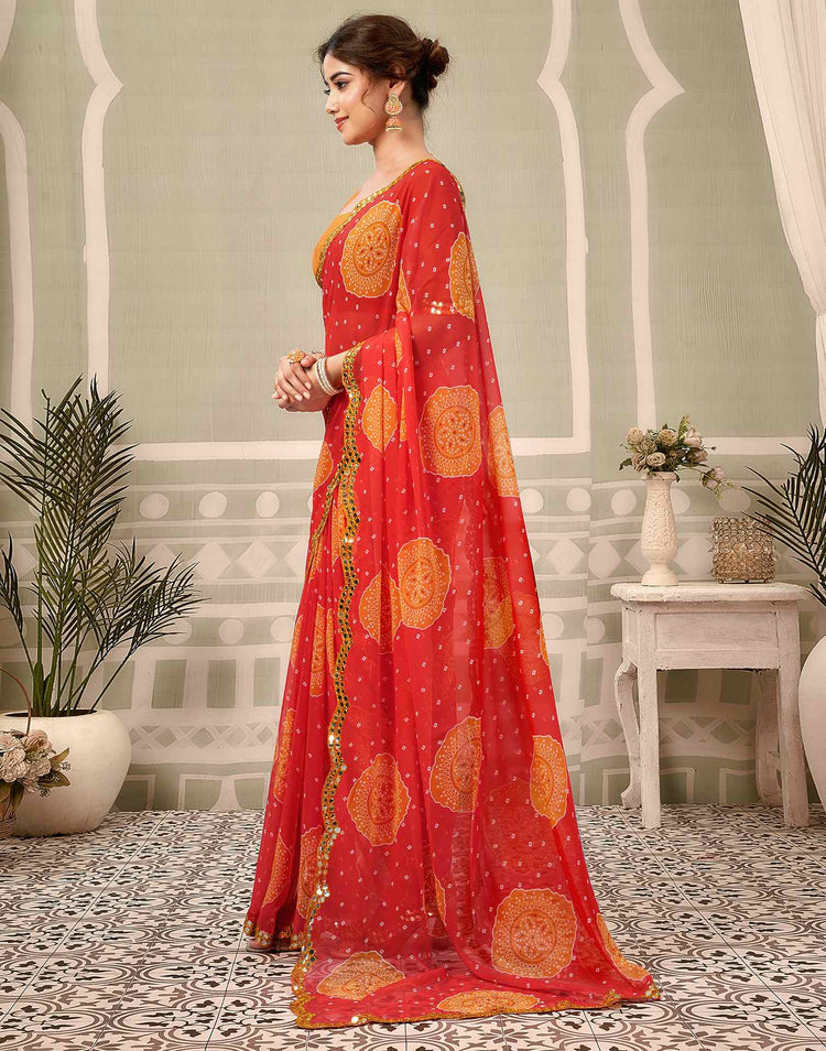 Coral Red Georgette Printed Bandhani Saree